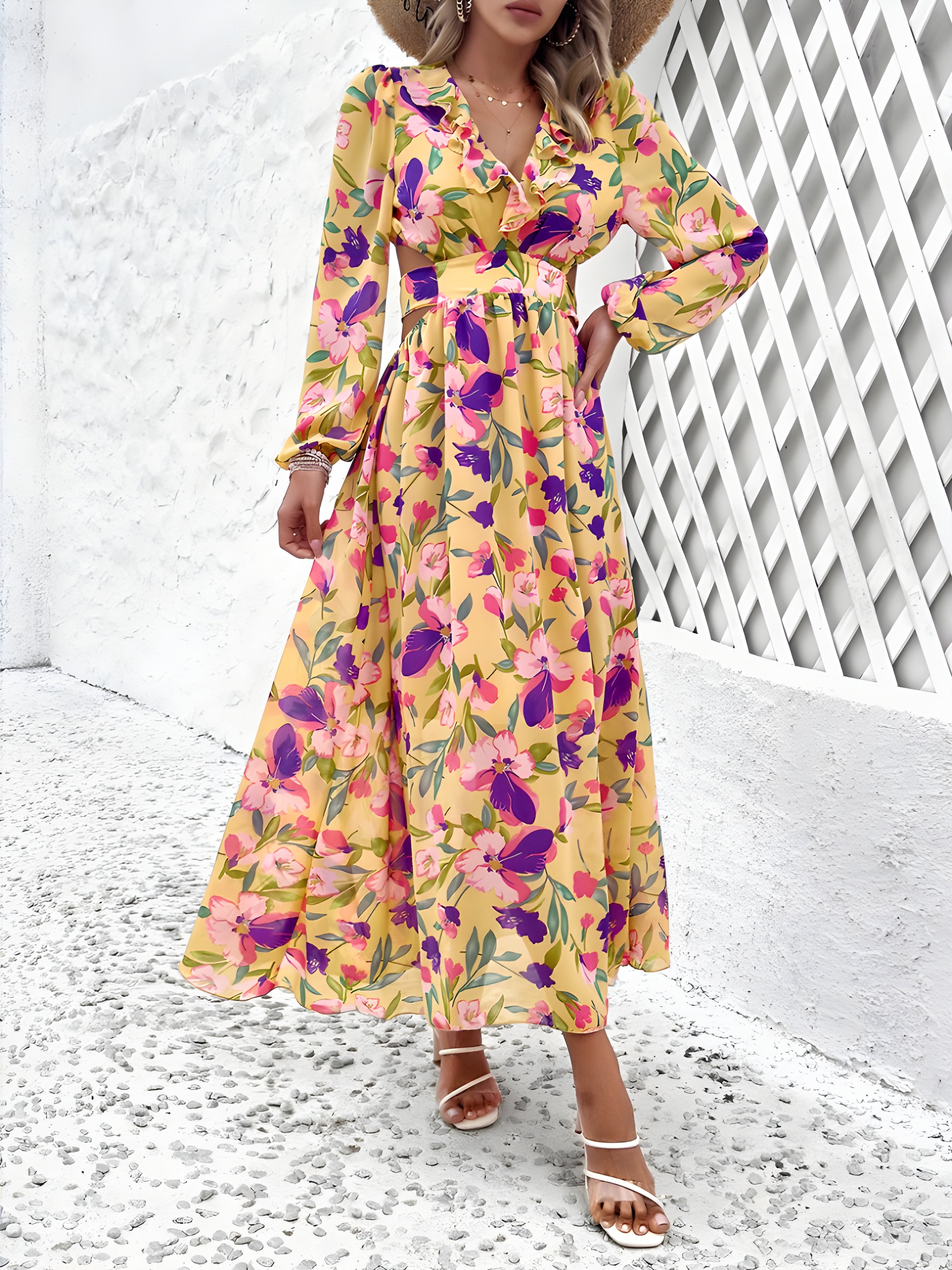 Floral V-Neck Long Sleeve Dress