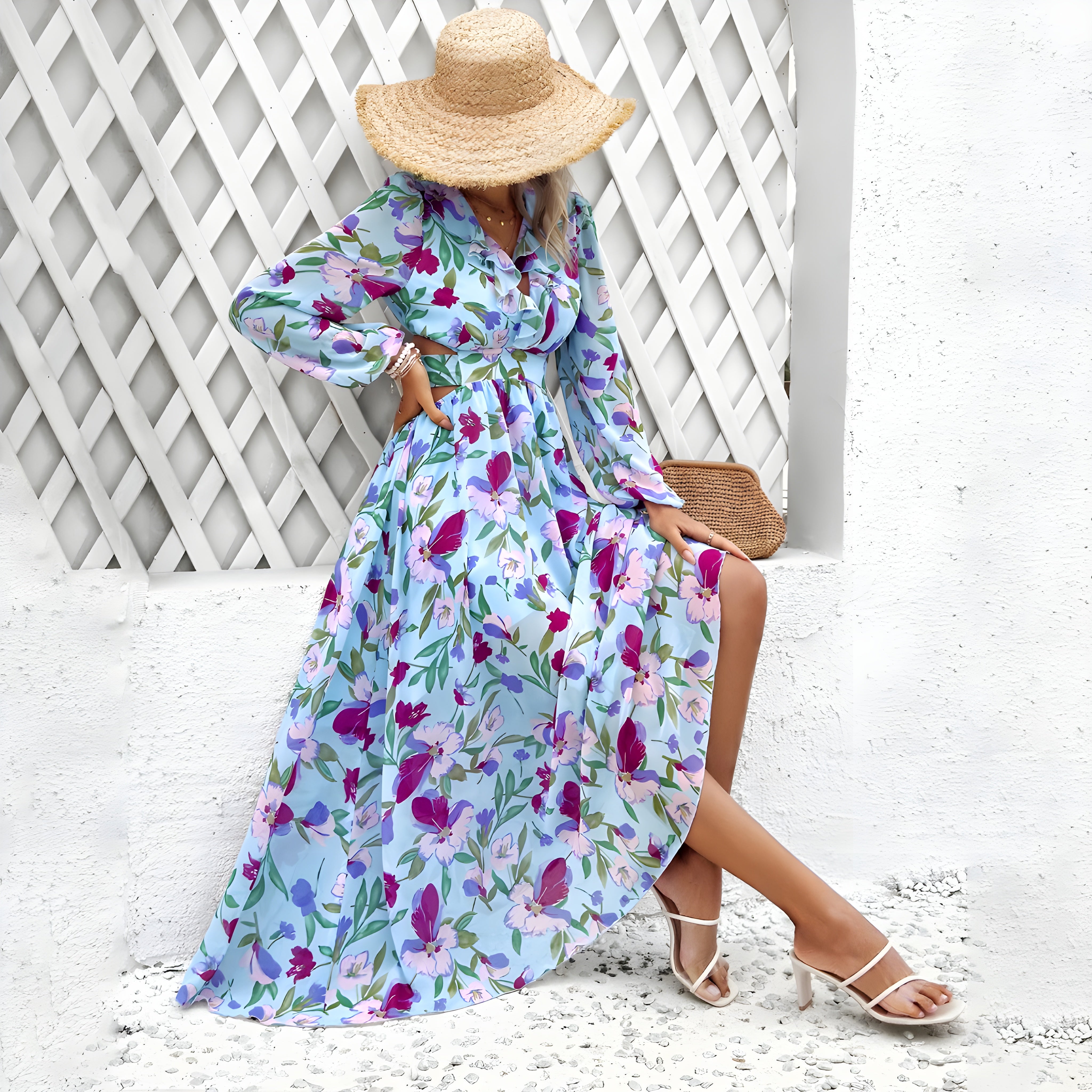 Floral V-Neck Long Sleeve Dress